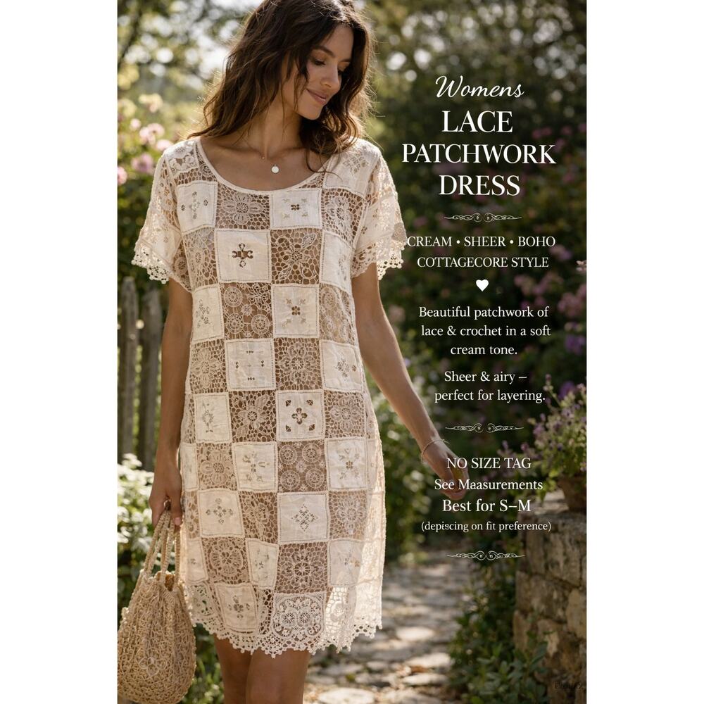 Womens Lace Patchwork Dress Cream Sheer Boho Midi Cottagecore Vintage